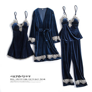 Buy navy-blue-d Autumn Winter Velvet Nightwear 4PCS Female Pajamas Set