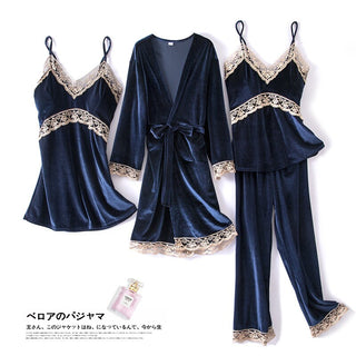 Buy navy-blue-b Autumn Winter Velvet Nightwear 4PCS Female Pajamas Set