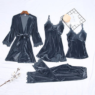 Buy gray Autumn Winter Velvet Nightwear 4PCS Female Pajamas Set