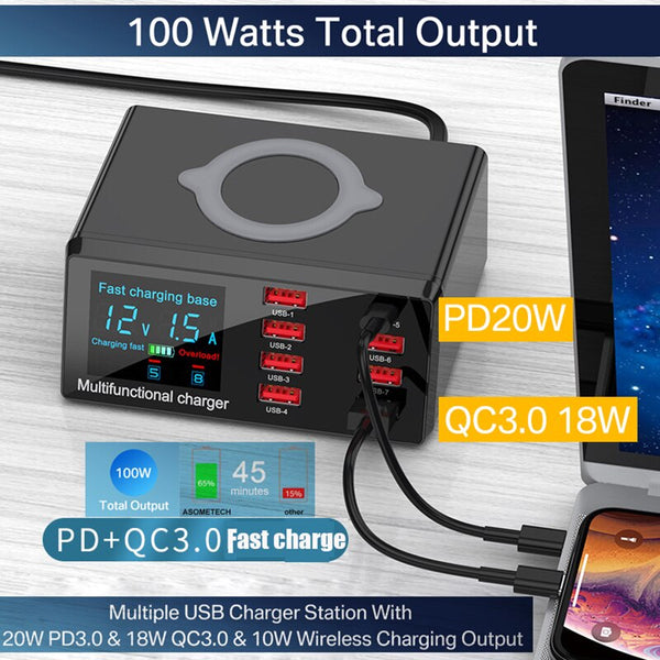 100W 8 Ports USB Charger Quick Charge 3.0 Adapter HUB Wireless Charger