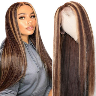 13x4 Highlight Lace Front Human Hair Wig Honey Blonde Brown