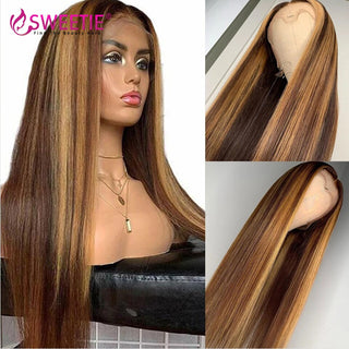 13x4 Highlight Lace front Human Hair Wig 150% Honey Blonde Brown Ombre