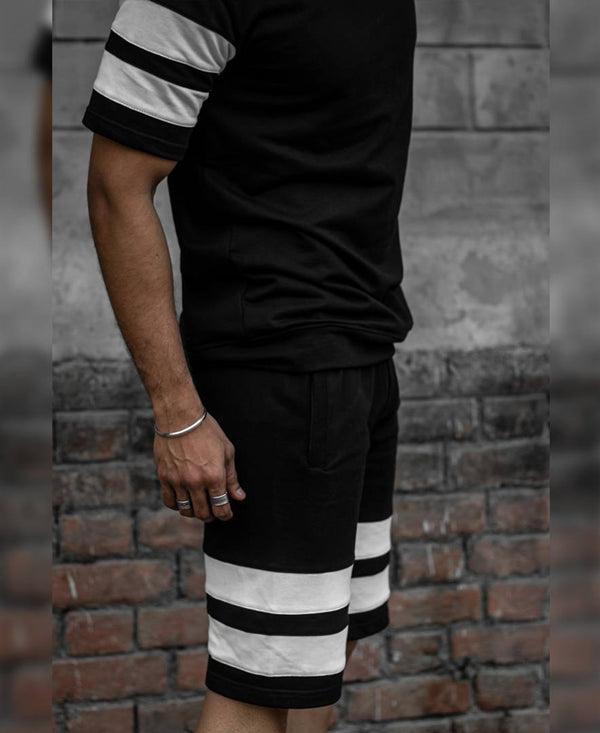 Men's Urban Black and White Stripe T Shirt and Shorts Combo Suit