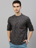 Men Charcoal Grey & Turquoise Blue Woven Design Straight Kurta