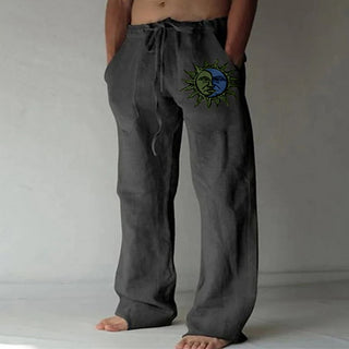 Buy color6 Solid Full Length Soft Linen Pants Mid Waist Pocket Drawstring