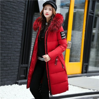 Buy red 2020 Women&#39;s Down Parkas Winter Jacket Big Fur Collar Thick Slim Coat