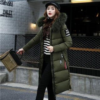 Buy army-green 2020 Women&#39;s Down Parkas Winter Jacket Big Fur Collar Thick Slim Coat