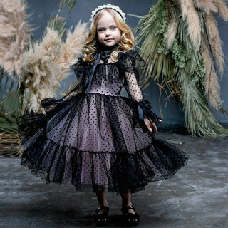 Buy black 2021 New Polka dot Tulle Flower Girl Dresses Illusion Long Sleeves