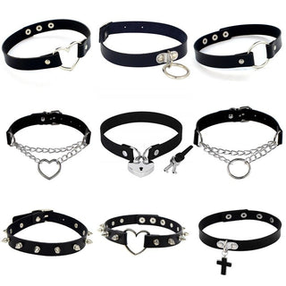2021 Punk Rock Gothic PU Leather Necklace Heart Round Spike Rivet