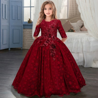 Buy wine-red 2021 Summer Long Sleeve Flower Girl Dress Elegant Kids Dresses For