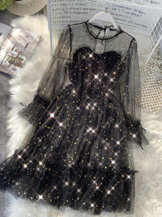 Buy black 2022 New Female O neck Stars Sequined Mesh Shiny Fairy Dress Women