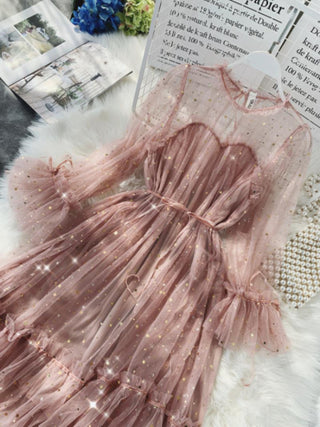 Buy pink 2022 New Female O neck Stars Sequined Mesh Shiny Fairy Dress Women