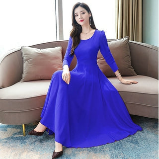 Buy blue 2022 Vintage Solid Long Sleeve Maxi Dresses Autumn Winter 3XL Plus