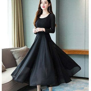 Buy black 2022 Vintage Solid Long Sleeve Maxi Dresses Autumn Winter 3XL Plus