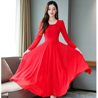 Buy red 2022 Vintage Solid Long Sleeve Maxi Dresses Autumn Winter 3XL Plus