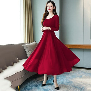 Buy burgundy 2022 Vintage Solid Long Sleeve Maxi Dresses Autumn Winter 3XL Plus