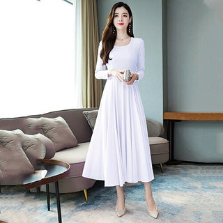 Buy white 2022 Vintage Solid Long Sleeve Maxi Dresses Autumn Winter 3XL Plus