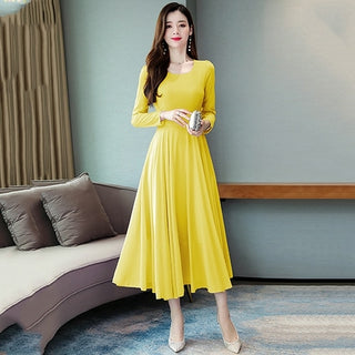 Buy yellow 2022 Vintage Solid Long Sleeve Maxi Dresses Autumn Winter 3XL Plus
