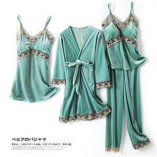 Buy green-b Autumn Winter Velvet Nightwear 4PCS Female Pajamas Set