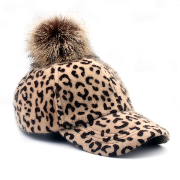Faux Fur Pompom Ball Leopard Cap
