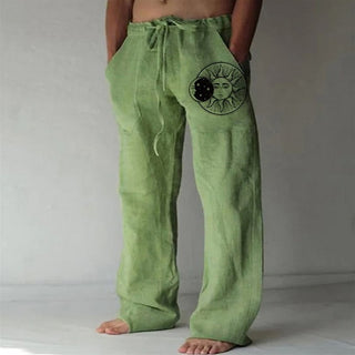 Buy color1 Solid Full Length Soft Linen Pants Mid Waist Pocket Drawstring
