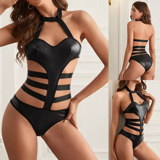 Ladies Sexy Lingerie Bodysuit Elastic Leather Halter Babydoll One Piece Bandage Underwear Set  - Black
