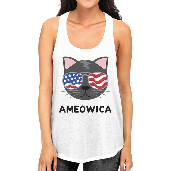 Ameowica Womens White 4th of July Sleeveless Shirt for Cat Lovers