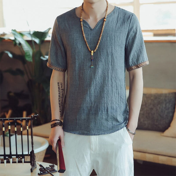 Summer Men Cotton Linen Blouse Short Sleeve T Shirt Chinese Traditional Clothes Male Retro Hanfu Tang Suit Streetwear Tees Tops