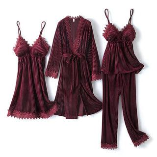 Buy burgundy-a Autumn Winter Velvet Nightwear 4PCS Female Pajamas Set
