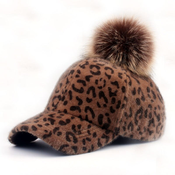 Faux Fur Pompom Ball Leopard Cap