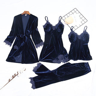 Buy navy-blue Autumn Winter Velvet Nightwear 4PCS Female Pajamas Set