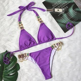 Buy b008purple rhinestone straps bikini