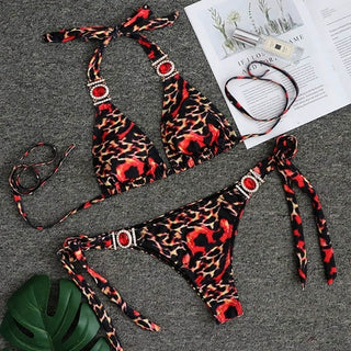 Buy b008redleopard rhinestone straps bikini