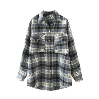 Blue and White Check Casual Jacket Vintage Single-Breasted Outerwear
