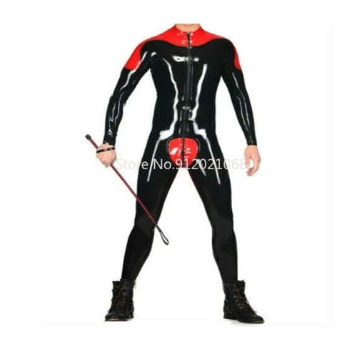 Handmade Men's Black and Red Latex Rubber Catsuit with Crotch Zip