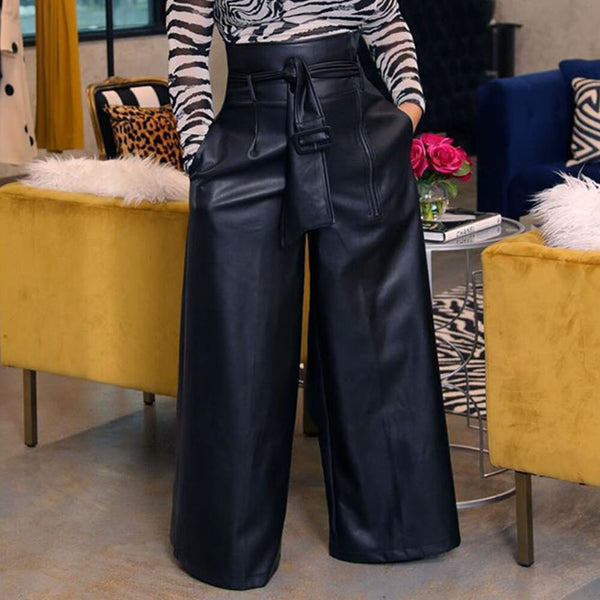 High Waisted PU Pants For Women Vintage Faux Leather Long Trousers