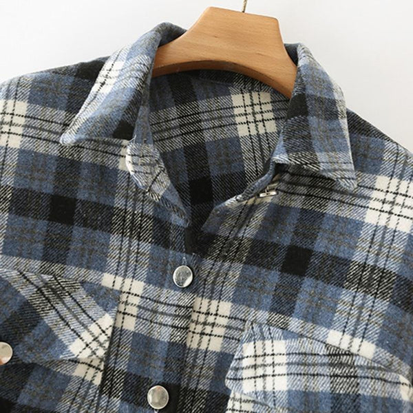 Blue and White Check Casual Jacket Vintage Single-Breasted Outerwear