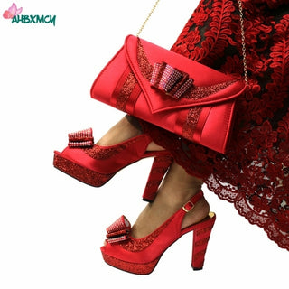 Buy red Peep Toe Matching Shoes and Bag Set in