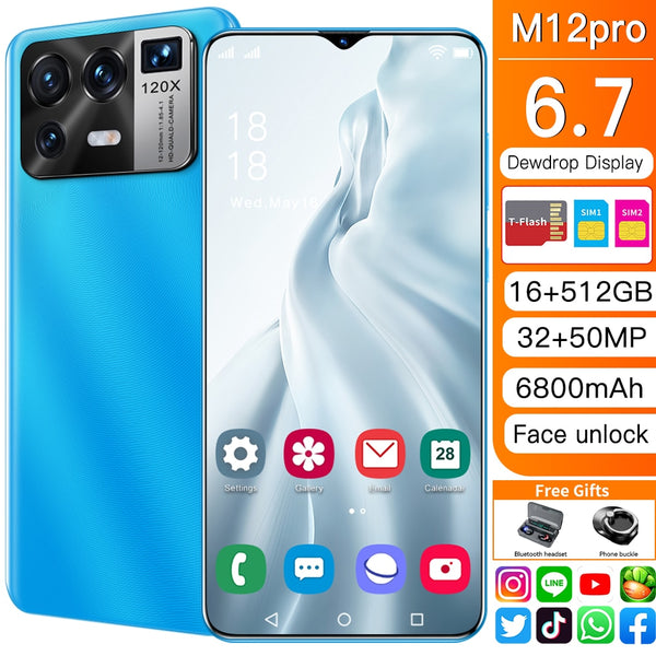 M12 Pro Global Version MTK 6580P 16GB 512GB6800mAh 5G 6.7 Inch Mobile