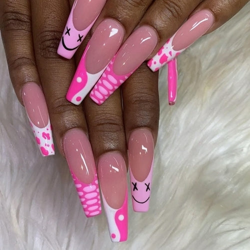 Pink Cow Design False Nail French Full Cover Long Coffin Fake Nails