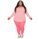Plus Size Women Clothing Two Piece Set Striped Long Sleeve T Shirt and