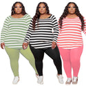 Plus Size Women Clothing Two Piece Set Striped Long Sleeve T Shirt and
