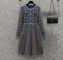 Plus Size Women Hit Color Plaid Sweater Dresses Autumn Winter Knitted