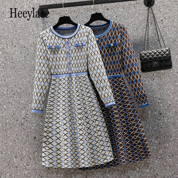 Plus Size Women Hit Color Plaid Sweater Dresses Autumn Winter Knitted