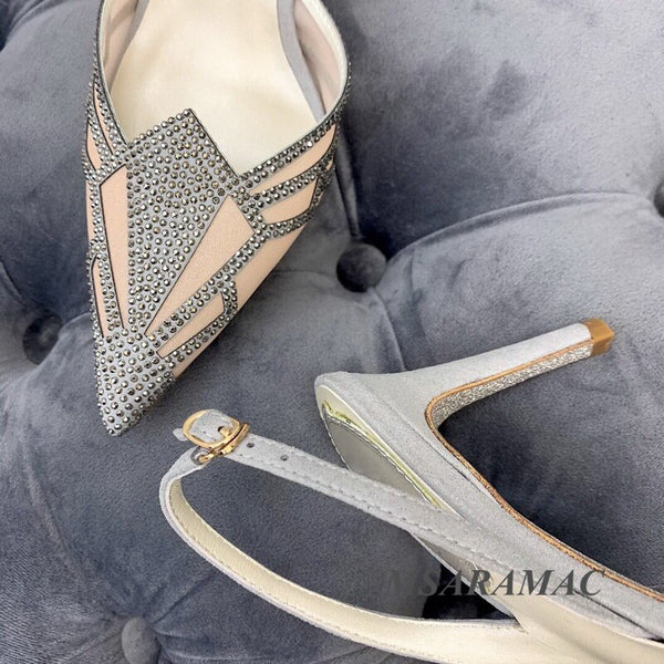 Crystal Mesh Leather Stitching High Heels