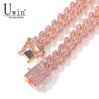 Uwin S Link 12mm Cuban Link Pink Rhinestone Necklace