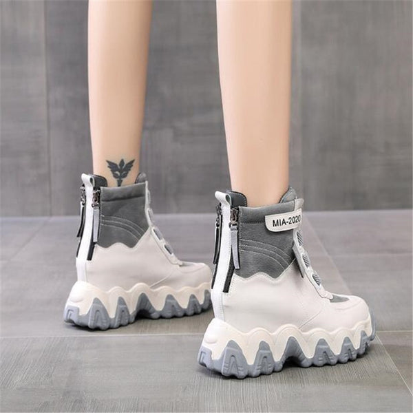 Women's Chunky Boots 2021 Autumn Leather Hidden Heels Women Sneaker