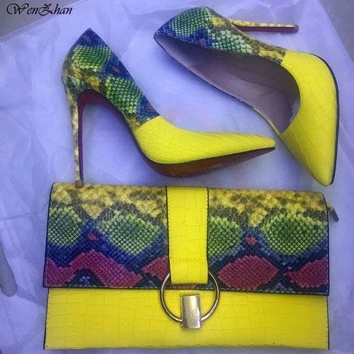 Yellow Shoes Snake Printed Leather with women bag set