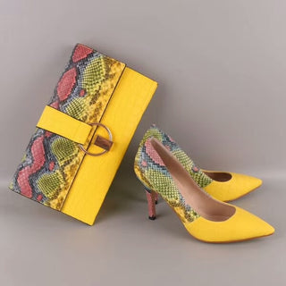 Yellow Shoes Snake Printed Leather with women bag set
