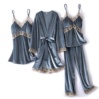Buy gray-b Autumn Winter Velvet Nightwear 4PCS Female Pajamas Set